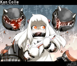 Rule 34 | 1girl, abyssal ship, aircraft, airplane, colored skin, commentary request, dress, english text, engrish text, gloves, horns, kantai collection, long hair, mittens, northern ocean princess, open mouth, oso (toolate), pale skin, ranguage, red eyes, solo, the langoliers, translated, typo, white dress, white hair, white mittens, white skin