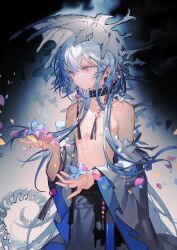 Rule 34 | 1boy, aniao ya, arknights, bare shoulders, blue background, blue flower, blue hair, closed mouth, collarbone, commentary, dark background, flower, gradient background, hair between eyes, highres, holding, holding flower, looking at flowers, male focus, mizuki (arknights), petals, pink eyes, pink flower, short hair with long locks, solo, trap