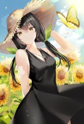 Rule 34 | 1girl, arm behind back, bad id, bad pixiv id, bare arms, bare shoulders, black dress, black hair, blue sky, blurry, blurry foreground, breasts, bug, butterfly, closed mouth, cloud, cloudy sky, collarbone, commentary, day, dress, flower, frown, hair between eyes, hair ornament, hair ribbon, hat, highres, insect, jewelry, long hair, looking at viewer, low twintails, medium breasts, necklace, original, outdoors, revision, ribbon, sky, sleeveless, sleeveless dress, solo, straw hat, sun hat, sunflower, twintails, yellow eyes, yellow flower, yuhi (hssh 6)