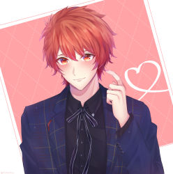 Rule 34 | 1boy, black ribbon, black shirt, blue jacket, blush, closed mouth, collared shirt, commentary request, hand up, hasu (selisa), heart, heart of string, highres, ittoki otoya, jacket, long sleeves, looking at viewer, male focus, neck ribbon, open clothes, open jacket, orange eyes, pink background, plaid, plaid jacket, red hair, ribbon, shirt, smile, solo, upper body, uta no prince-sama, white background