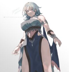 Rule 34 | 1girl, 91007, alternate costume, armlet, artist name, bare shoulders, blue eyes, blue hair, breasts, byleth (female) (fire emblem), byleth (fire emblem), closed mouth, dancer (fire emblem: three houses), fire emblem, fire emblem: three houses, frown, gradient background, highres, large breasts, light blue hair, looking at viewer, medium hair, nintendo, pelvic curtain, simple background, solo, twitter username, white background