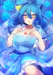 Rule 34 | 1girl, bad id, bad pixiv id, blood, blood from mouth, blue background, blue flower, blue hair, blue rose, fang, flower, hair ornament, hair stick, highres, kaenuco, kaku seiga, long hair, open mouth, petals, rose, shawl, smile, touhou, yellow eyes