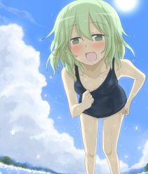 Rule 34 | 1girl, adjusting clothes, adjusting swimsuit, blush, clothes pull, cloud, collarbone, day, female focus, green eyes, green hair, komeiji koishi, leaning forward, matching hair/eyes, no headwear, nobamo pieruda, one-piece swimsuit, one-piece swimsuit pull, open mouth, school swimsuit, short hair, sky, solo, sun, swimsuit, teasing, touhou, water drop