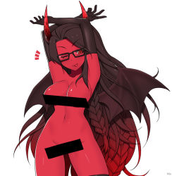 Rule 34 | &gt;;p, 1girl, arms up, bar censor, bat wings, black-framed eyewear, black gloves, borrowed character, braid, breasts, brown hair, censored, colored skin, cowboy shot, demon girl, elbow gloves, glasses, gloves, gradient hair, groin, horns, jpeg artifacts, kuroonehalf, large breasts, long hair, looking at viewer, multicolored hair, navel, nude, original, red eyes, red hair, red skin, signature, simple background, solo, v-shaped eyebrows, very long hair, white background, wings