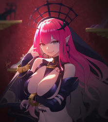 Rule 34 | 1girl, :d, arm under breasts, bangle, bare shoulders, black sleeves, blunt bangs, bracelet, breasts, circlet, cleavage, commentary request, detached collar, detached sleeves, earrings, baobhan sith (fate), baobhan sith (second ascension) (fate), fate/grand order, fate (series), grey eyes, hair between eyes, hand up, high heels, highres, indoors, jewelry, kojo (0124), large breasts, light particles, long hair, looking at viewer, navel, open mouth, pink hair, pointy ears, revealing clothes, revision, shadow, sidelocks, signature, smile, solo, standing, stomach, teeth, upper body, upper teeth only, veil, wall