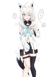 1girl, ahoge, animal ear fluff, animal ears, aqua eyes, asymmetrical hair, bangs, belt, between legs, black legwear, black shorts, blush, braid, breasts, cleavage cutout, clothing cutout, collarbone, detached sleeves, drawstring, drooling, embarrassed, eyebrows visible through hair, female focus, fox ears, fox girl, fox shadow puppet, fox tail, grey hair, hand between legs, hand up, have to pee, hololive, japanese text, knees together feet apart, looking away, looking to the side, medium breasts, medium hair, navel, one eye closed, open mouth, rokugatsu (mutuki rokugatu), shiny, shiny hair, shirakami fubuki, shirt, short shorts, shorts, simple background, single braid, single thighhigh, sleeveless, sleeveless shirt, solo, speech bubble, standing, tail, tears, thigh strap, thighhighs, tied hair, translation request, trembling, virtual youtuber, white background, white shirt, white sleeves, wide sleeves