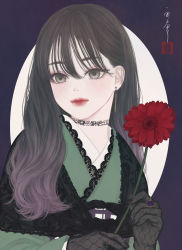 Rule 34 | 1girl, absurdres, black gloves, black shawl, brown eyes, brown hair, check commentary, commentary request, earrings, eyelashes, floral print, flower, flower request, flower tattoo, gem, gloves, gradient hair, green kimono, hair between eyes, highres, holding, holding flower, japanese clothes, jewelry, kimono, lace, lace-trimmed kimono, lace gloves, lace trim, light smile, long hair, looking at viewer, medibang paint (medium), multicolored hair, nail polish, neck tattoo, obi, original, outside border, oval, oval background, print sash, purple background, purple gemstone, purple nails, purple sash, red flower, red lips, ring, rose print, sash, seal impression, see-through shawl, shawl, signature, solo, tattoo, upper body, ushiyama ame, white background