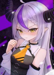 Rule 34 | 1girl, ahoge, ascot, bare shoulders, black dress, black horns, braid, braided bangs, chest harness, collared dress, demon girl, demon horns, detached sleeves, dress, grey hair, hana s, harness, hololive, horns, la+ darknesss, long hair, looking at viewer, multicolored hair, pointy ears, purple hair, sleeveless, sleeveless dress, slit pupils, solo, streaked hair, striped horns, upper body, virtual youtuber, yellow ascot, yellow eyes