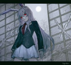 Rule 34 | 1girl, animal ears, artist name, black jacket, blazer, commentary request, cowboy shot, crescent, crescent pin, hair between eyes, head tilt, highres, indoors, jacket, letterboxed, long hair, long sleeves, looking at viewer, miniskirt, mochacot, necktie, pleated skirt, rabbit ears, red eyes, red necktie, reisen udongein inaba, shirt, signature, silver hair, single sidelock, skirt, sliding doors, smile, solo, standing, touhou, tree, very long hair, white shirt, white skirt, wing collar