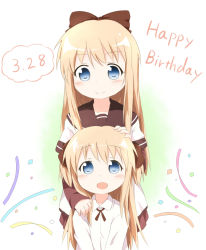 Rule 34 | 2girls, :d, aged down, araki495, birthday, blonde hair, blue eyes, bow, child, confetti, dated, female focus, hair bow, hand on another&#039;s head, hand on shoulder, happy birthday, long hair, md5 mismatch, multiple girls, nanamori school uniform, open mouth, resolution mismatch, school uniform, serafuku, simple background, smile, source larger, time paradox, toshinou kyouko, white background, yuru yuri