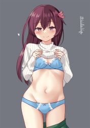 Rule 34 | 1girl, blue bra, blue panties, bra, breasts, brown hair, cleavage, clothes lift, cowboy shot, frilled bra, frilled panties, frills, green skirt, grey background, hair ornament, highres, ishida arata, kantai collection, kisaragi (kancolle), long hair, panties, purple eyes, ribbed sweater, simple background, skirt, unworn skirt, small breasts, smile, solo, sweater, sweater lift, underwear, white sweater