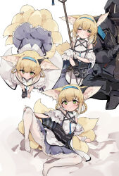 Rule 34 | 1girl, 1other, all fours, animal ear fluff, animal ears, arknights, bare shoulders, blonde hair, blush, commentary, doctor (arknights), dress, fox ears, fox tail, frilled dress, frills, furrowed brow, gloves, green eyes, hair rings, hairband, half-closed eyes, holding, holding staff, infection monitor (arknights), leaning on person, leg lift, multiple tails, multiple views, one eye closed, pantyhose, parted lips, pkpkpppk, revision, scrunchie, short hair, simple background, single glove, smile, spread legs, staff, suzuran (arknights), tail, white background, white pantyhose, wrist scrunchie