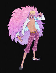 Rule 34 | 1boy, abs, absurdres, arm up, black background, blonde hair, capri pants, coat, donquixote doflamingo, feather coat, fishatar, full body, highres, leg hair, male focus, muscular, muscular male, one piece, open clothes, open mouth, pants, pink coat, shirt, short hair, solo, standing, sunglasses, teeth, tongue, tongue out, white shirt