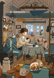 Rule 34 | 1boy, absurdres, apple, beach, bed, bird, bird on hand, blue sky, book, brown hair, candle, clock, cloud, cloudy sky, cup, day, dog, duck, firewood, flower, food, fruit, furnace, highres, indoors, ladder, lamp, male focus, map, marunoki, mug, ocean, open window, original, plant, potted plant, rug, rural, scenery, short hair, sitting, sky, smile, sweater, table, window, wooden table