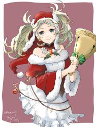 Rule 34 | 1girl, bell, blonde hair, blue eyes, christmas ornaments, closed mouth, dated, dress, fire emblem, fire emblem awakening, fire emblem heroes, fur trim, hat, holding, holding bell, lissa (fire emblem), lissa (winter) (fire emblem), long hair, long sleeves, nintendo, pom pom (clothes), red hat, robaco, santa costume, santa hat, simple background, smile, solo, twintails, twitter username