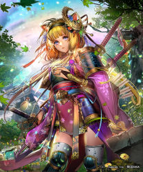 Rule 34 | 1girl, animal ears, armor, arrow (projectile), bird, blonde hair, blunt bangs, bracer, branch, bridal gauntlets, contrapposto, cowboy shot, day, fingernails, hairband, japanese armor, japanese clothes, jewelry, katana, kusazuri, liduke, long hair, looking at viewer, nature, obi, official art, outdoors, parted lips, pelvic curtain, purple eyes, quiver, ring, sash, scabbard, sengoku saga, sheath, sheathed, solo, sparrow, standing, sword, thighhighs, tree, watermark, weapon, white thighhighs