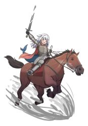 Rule 34 | 1girl, alternate costume, armor, blue eyes, blue hair, blush, cape, fins, fish tail, gawr gura, grey hair, hair ornament, highres, holding, holding sword, holding weapon, hololive, hololive english, horse, looking at viewer, multicolored hair, open mouth, red cape, shark girl, shark hair ornament, shark tail, sharkudon, smile, solo, streaked hair, sword, tail, teeth, two side up, upper teeth only, virtual youtuber, weapon