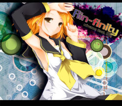 Rule 34 | 1girl, arm up, armpits, blonde hair, blush, detached sleeves, hair ornament, hairclip, jum (parallel parasol), kagamine rin, letterboxed, light smile, looking at viewer, smile, solo, upper body, vocaloid, yellow eyes