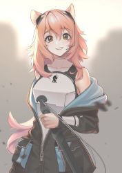 Rule 34 | 1girl, :d, animal ears, arknights, armor, backlighting, black jacket, breastplate, brown eyes, collarbone, commentary request, gravel (arknights), hair between eyes, headphones, headset, highres, holding, holding sword, holding weapon, jacket, long hair, long sleeves, looking at viewer, off shoulder, open clothes, open jacket, open mouth, parted lips, pink hair, silhouette, simple background, sleeveless, smile, solo focus, sterilizedgauze-qhx, string, sword, tareme, weapon