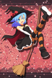 Rule 34 | 1girl, :d, alternate costume, ankle boots, blue eyes, blue hair, blush, boots, broom, broom riding, cape, cato (monocatienus), cirno, costume, dress, halloween, hat, highres, leg up, looking at viewer, matching hair/eyes, no panties, open mouth, smile, solo, strapless, strapless dress, striped clothes, striped thighhighs, thighhighs, touhou, tsurime, witch, witch hat
