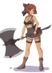 Rule 34 | 1girl, absurdres, axe, bare shoulders, battle axe, bikini, bikini top only, black bikini, black bow, black skirt, blood, blush, boots, bow, brown eyes, brown footwear, brown hair, collarbone, dark-skinned female, dark skin, facial mark, food, front-tie bikini top, front-tie top, full body, garter straps, hair bow, highres, holding, holding axe, holding weapon, jewelry, looking away, looking to the side, original, parted lips, pendant, pleated skirt, short hair, skirt, solo, standing, surio, sushi, swimsuit, tan, tanline, thigh strap, weapon, white background, wristband