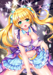 Rule 34 | 10s, 1girl, :d, bangle, belt, between breasts, blonde hair, blush, bracelet, breasts, clothes lift, detached collar, green eyes, hair ribbon, hayakawa kokona, highres, idol memories, jewelry, large breasts, lifted by self, long hair, looking at viewer, midriff, navel, necktie, necktie between breasts, no panties, open mouth, ribbon, silveroid, skirt, skirt lift, smile, solo, twintails