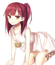 Rule 34 | 1girl, all fours, blush, dress, ema, flat chest, jewelry, long hair, magi the labyrinth of magic, midorikawa you, morgiana, necklace, ponytail, red eyes, red hair, solo