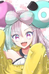 Rule 34 | 1girl, :d, character hair ornament, commentary request, creatures (company), game freak, green hair, hair ornament, hands up, happy, highres, iono (pokemon), jacket, long hair, looking at viewer, m12ki, nintendo, open mouth, pokemon, pokemon sv, purple eyes, purple hair, sharp teeth, shirt, sleeveless, sleeveless shirt, smile, solo, star (symbol), star in eye, symbol in eye, teeth, tongue, upper body, white shirt, yellow jacket