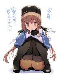 Rule 34 | 1girl, black bow, black footwear, black gloves, black hat, black skirt, blue shawl, blush, boots, bow, brown eyes, brown hair, closed mouth, dated, fur hat, gloves, hair between eyes, hair bow, hair ornament, hairclip, hat, jacket, kantai collection, long hair, long sleeves, odawara hakone, pantyhose, papakha, pleated skirt, scarf, shawl, simple background, skirt, smile, solo, tashkent (kancolle), thigh boots, thighhighs, torn clothes, torn scarf, translation request, twitter username, white background, white jacket, white scarf