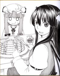 Rule 34 | 2girls, arm belt, bat wings, blank eyes, blunt bangs, commentary request, food, fork, greyscale, hair ribbon, hat, hat ornament, head wings, holding, holding fork, holding knife, knife, koakuma, leaf, long hair, long sleeves, looking at viewer, looking back, maple leaf, mob cap, monochrome, multiple girls, open mouth, pancake, pancake stack, patchouli knowledge, photo (medium), poronegi, ribbon, simple background, sitting, smile, sweatdrop, table, touhou, v-shaped eyebrows, wavy mouth, white background, wings