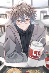 Rule 34 | 1boy, absurdres, black shirt, blue hair, brown hair, closed mouth, cup, drinking straw, food, french fries, glass, glasses, green eyes, grey jacket, highres, holding, holding cup, ike eveland, jacket, long sleeves, male focus, multicolored hair, nagihaha, nijisanji, nijisanji en, sauce, shirt, short hair, solo, virtual youtuber