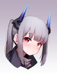 Rule 34 | 1girl, absurdres, arknights, beudelb, black jacket, blush, commentary, dragon horns, gradient background, grey background, grey hair, highres, horns, jacket, korean commentary, liskarm (arknights), long hair, looking at viewer, ponytail, portrait, red eyes, shirt, solo, striped clothes, striped shirt