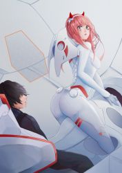 Rule 34 | 10s, 1boy, 1girl, absurdres, ass, black bodysuit, black hair, bodysuit, breasts, commentary request, couple, crying, crying with eyes open, darling in the franxx, fringe trim, gloves, green eyes, hair ornament, hairband, highres, hiro (darling in the franxx), horns, long hair, looking back, medium breasts, oni horns, pilot suit, pink hair, rabitou, red horns, short hair, sitting, tears, white bodysuit, white gloves, white hairband, zero two (darling in the franxx)