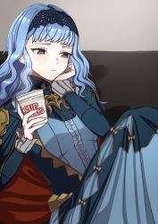 Rule 34 | 1girl, absurdres, blue hair, blush, breasts, brown eyes, closed mouth, dress, fire emblem, fire emblem: three houses, fire emblem warriors, fire emblem warriors: three hopes, food, highres, long hair, long sleeves, mari48240422, marianne von edmund, nintendo, nissin cup noodle, official alternate hairstyle, solo, upper body