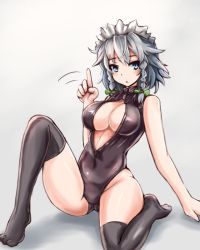 Rule 34 | 1girl, black one-piece swimsuit, black thighhighs, braid, breasts, cleavage, feet, female focus, front zipper swimsuit, grey eyes, izayoi sakuya, large breasts, maid, maid headdress, meme attire, one-piece swimsuit, over-kneehighs, silver hair, sitting, solo, sumapan, swimsuit, thighhighs, touhou, twin braids, unzipped, zipper