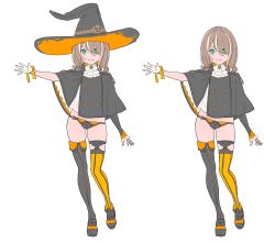 Rule 34 | 1girl, arm at side, ascot, asymmetrical legwear, black capelet, black hat, black panties, brown hair, capelet, closed mouth, commentary request, enkyo yuuichirou, gloves, gluteal fold, green eyes, halloween, hat, highres, looking at viewer, mismatched legwear, multicolored hair, multiple views, original, outstretched arms, panties, shoes, simple background, single glove, smile, spread arms, standing, streaked hair, thighhighs, underwear, white ascot, white background, white gloves