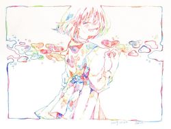 Rule 34 | 1girl, blush, closed eyes, colorful, dated, from behind, hatching (texture), long sleeves, open mouth, original, pleated skirt, short hair, signature, skirt, smile, solo, traditional media, upper body, watanabe tomari, white background
