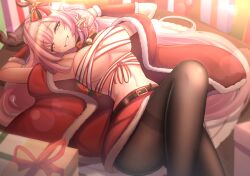 Rule 34 | 1girl, 2022, alternate costume, arm behind head, armpits, bell, belt, box, breast bondage, breasts, christmas, christmas present, coat, elf, elysia (herrscher of human: ego) (honkai impact), elysia (honkai impact), fake antlers, gift, gift box, hand in own hair, highres, honkai (series), honkai impact 3rd, jingle bell, large breasts, laxiusart, lying, merry christmas, midriff, naughty face, navel, on back, open mouth, pink eyes, pink hair, pointy ears, red coat, red skirt, skirt, teeth