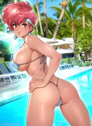 Rule 34 | 1girl, artist name, ass, bare arms, bare shoulders, beach chair, bikini, blush, breasts, butt crack, check commentary, closed mouth, commentary request, day, dirty pair, earrings, from behind, hand on own hip, headband, highleg, highleg bikini, highres, jewelry, kei (dirty pair), large breasts, lips, looking at viewer, looking back, outdoors, oyaman, palm leaf, palm tree, photo background, pool, red eyes, red hair, shiny skin, short hair, sideboob, smile, solo, swimsuit, tan, tree, water