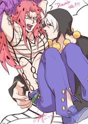 Rule 34 | 2boys, black sclera, carrying, chest harness, colored sclera, ddddddddshya, diavolo, harness, hat, highres, jojo no kimyou na bouken, long hair, male focus, multiple boys, pants, pink hair, purple pants, red eyes, risotto nero, shoes, sweater, vento aureo, white hair