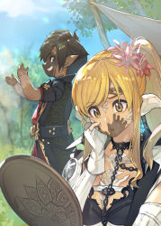 Rule 34 | 1boy, 1girl, :t, absurdres, au ra, warrior of light (ff14), blonde hair, blurry, blurry background, bra, chain, choker, coat, day, dirty, dirty face, earrings, facial tattoo, final fantasy, final fantasy xiv, fingerless gloves, flower, gloves, grin, hair flower, hair ornament, hand mirror, hand on own cheek, hand on own face, hide (hideout), high ponytail, highres, horns, jewelry, lalafell, long hair, long sleeves, looking at another, looking at object, mirror, mud, outdoors, parted bangs, pointy ears, pout, prank, raised eyebrow, scales, short hair, smile, tan, tattoo, underwear, upper body, yellow eyes