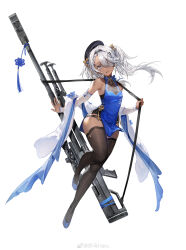 Rule 34 | 1girl, absurdres, anti-materiel rifle, arm tattoo, armpits, bare shoulders, blue dress, blue footwear, bolt action, breasts, china dress, chinese clothes, dark-skinned female, dark skin, detached sleeves, dress, eyepatch, feather boa, full body, girls&#039; frontline, grey eyes, gun, gun sling, hair between eyes, hair ornament, hairband, hat, highres, hs.50 (girls&#039; frontline), hs.50 (sigh of the waterfront pine) (girls&#039; frontline), jewelry, looking at viewer, multiple rings, official alternate costume, official art, rifle, ring, sawamaharu, scope, simple background, sleeveless, sleeveless dress, small breasts, sniper rifle, solo, steyr hs .50, tattoo, thighhighs, thighs, weapon, weibo username, white background, white hair