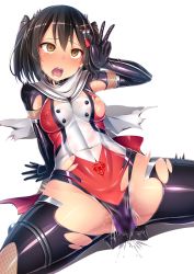 Rule 34 | 10s, 1girl, adapted costume, ahegao, black hair, blush, breasts, censored, covered erect nipples, covered navel, dildo, dildo under panties, empty eyes, female ejaculation, female ejaculation through clothes, female orgasm, hair ornament, highres, kantai collection, leotard, medium breasts, mosaic censoring, nipples, open mouth, orgasm, panties, pussy juice, remodel (kantai collection), saliva, satou kuuki, scarf, sendai (kancolle), sex toy, simple background, solo, spread legs, squatting, sweat, taimanin suit, tears, teeth, thighhighs, tongue, torn clothes, twintails, two side up, underwear, vaginal, vibrator, vibrator under clothes, vibrator under panties, w, white background, white scarf, yellow eyes
