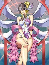 Rule 34 | 1girl, angel, angel girl, angewomon, chinese clothes, curvy, digimon, digimon (creature), head wings, highres, holydramon, long hair, mask, shiny skin, wide hips, wings