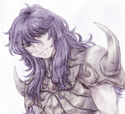 Rule 34 | 1boy, a26g8, armor, closed mouth, eyelashes, hair between eyes, highres, long hair, looking at viewer, male focus, monochrome, purple theme, saint seiya, scorpio milo, shoulder spikes, simple background, smile, solo, spikes, traditional media, upper body, wavy hair, white background