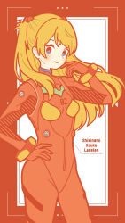 1girl absurdres blue_eyes blush bodysuit breasts character_name cowboy_shot hand_on_own_hip hand_up headgear highres interface_headset limited_palette long_hair looking_at_viewer mecha_pilot_suit multicolored_bodysuit multicolored_clothes neon_genesis_evangelion orange_hair plugsuit red_bodysuit red_theme science_fiction small_breasts smile solo souryuu_asuka_langley yoshimon