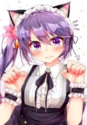 Rule 34 | 10s, 1girl, akebono (kancolle), animal ears, bell, black ribbon, cat ears, eyebrows, fake animal ears, flower, hair bell, hair between eyes, hair flower, hair ornament, highres, jingle bell, kantai collection, long hair, looking at viewer, maid, maid headdress, neck ribbon, ponytail, purple eyes, purple hair, ribbon, rouka (akatyann), simple background, solo, tears, upper body, white background, wrist cuffs
