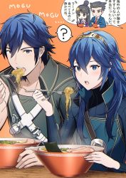 Rule 34 | 2boys, 2girls, ?, ace attorney, ameno (a meno0), black hair, blue eyes, blue hair, chopsticks, chrom (fire emblem), crossover, eating, father and daughter, fire emblem, fire emblem awakening, food, fork, long hair, long sleeves, looking at viewer, lucina (fire emblem), maya fey, multiple boys, multiple girls, nintendo, noodles, phoenix wright, ramen, short hair, symbol-shaped pupils, tiara, translation request