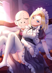Rule 34 | 1boy, 1girl, android 18, apron, bald, black dress, black footwear, black jacket, black pants, blonde hair, blue eyes, blush, breasts, cleavage, closed mouth, commentary request, curtains, day, dragon ball, dragon ball (object), dragonball z, dress, forehead, formal, frilled apron, frilled dress, frills, garter straps, grin, hair between eyes, highres, indoors, jacket, kuririn, looking at viewer, maid, maid headdress, medium breasts, no shoes, pants, parted bangs, puffy short sleeves, puffy sleeves, shoes, short sleeves, sitting, smile, star (symbol), suit, sunlight, thighhighs, toshi (1-147), waist apron, white apron, white thighhighs, window, wrist cuffs