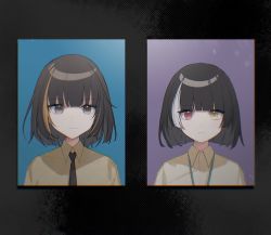 Rule 34 | 2girls, black hair, black necktie, brown hair, closed mouth, collared shirt, commentary request, expressionless, girls&#039; frontline, heterochromia, highres, lanyard, long hair, looking at viewer, m16a1 (girls&#039; frontline), mole, mole under eye, multicolored hair, multiple girls, necktie, no eyepatch, portrait, portrait (object), red eyes, ro635 (girls&#039; frontline), shirt, streaked hair, taiyang ami, white hair, yellow eyes